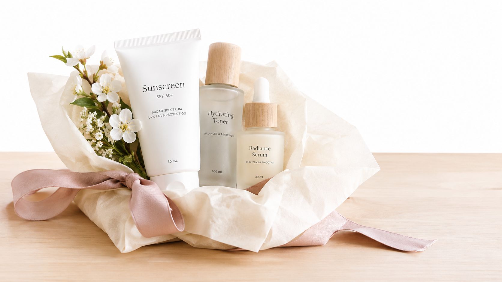 A curated set of skincare products including sunscreen, toner, and serum wrapped in paper with flowers.