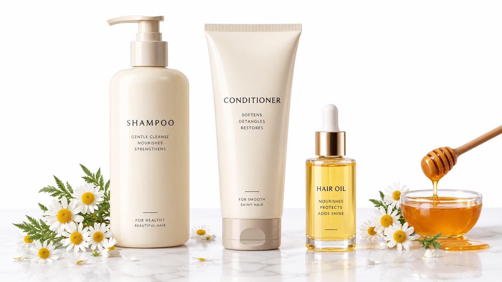 A set of shampoo, conditioner, and hair oil bottles arranged with fresh chamomile flowers and honey.