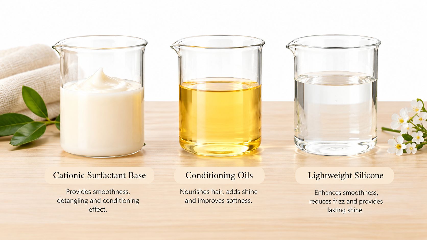 Trois béchers en verre sur une table en bois présentent des ingrédients d'après-shampooing : une crème, une huile jaune et un liquide transparent.