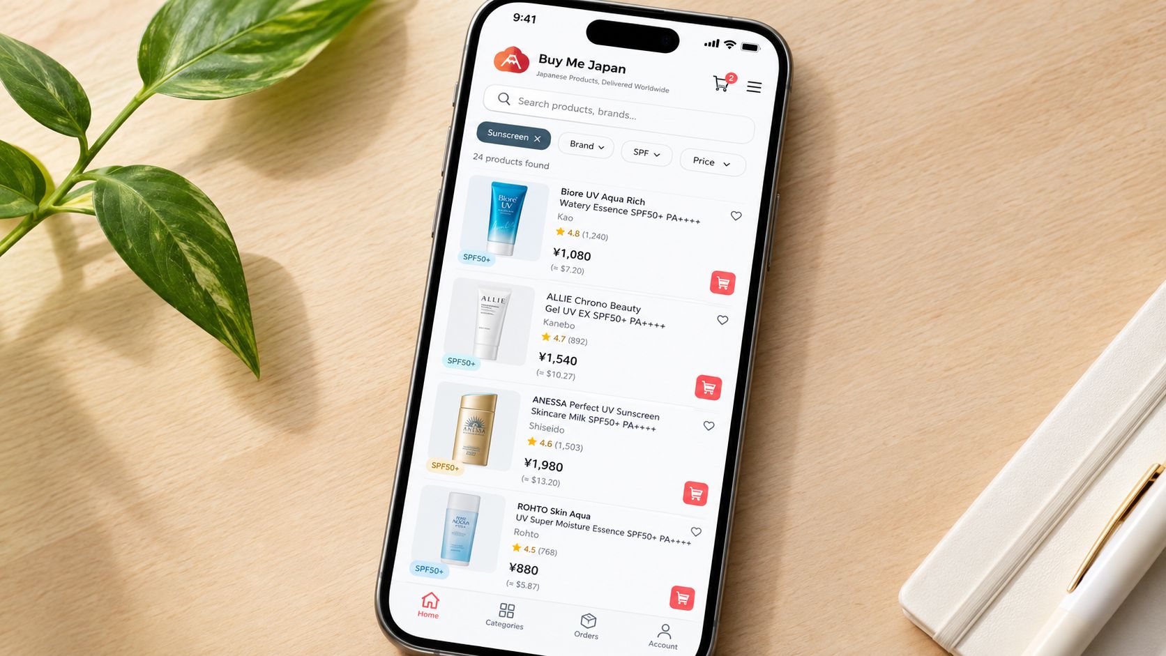 A smartphone screen displaying an e-commerce app listing various Japanese sunscreen products for purchase.