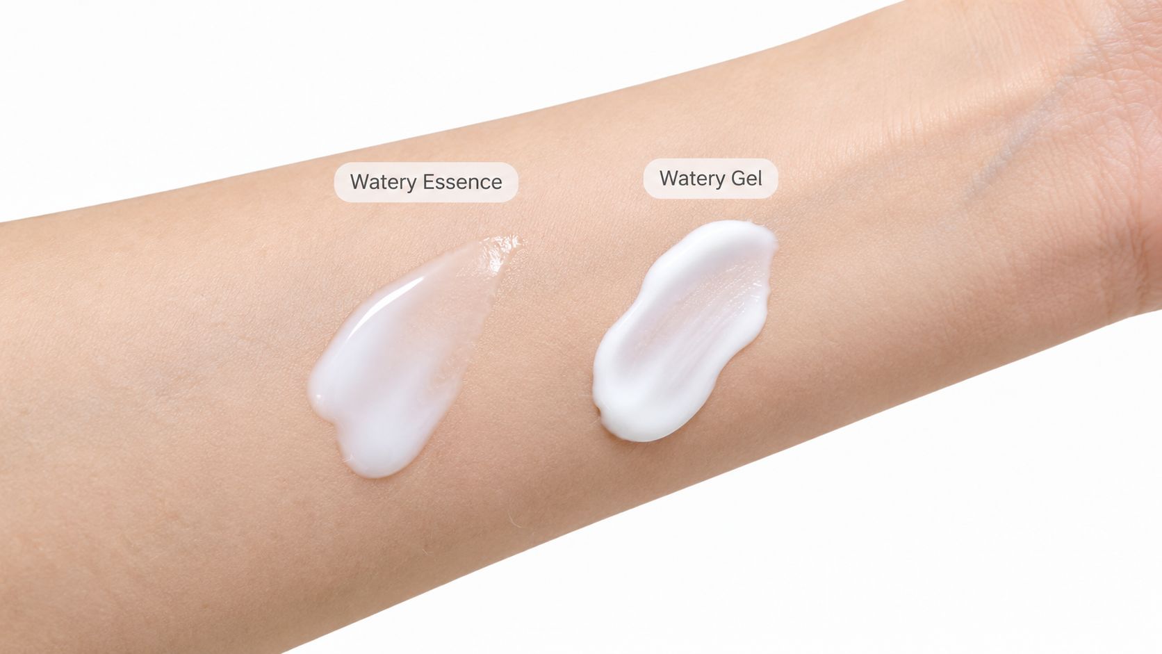 A close-up view showing swatches of Biore UV Watery Essence and Watery Gel applied on skin.