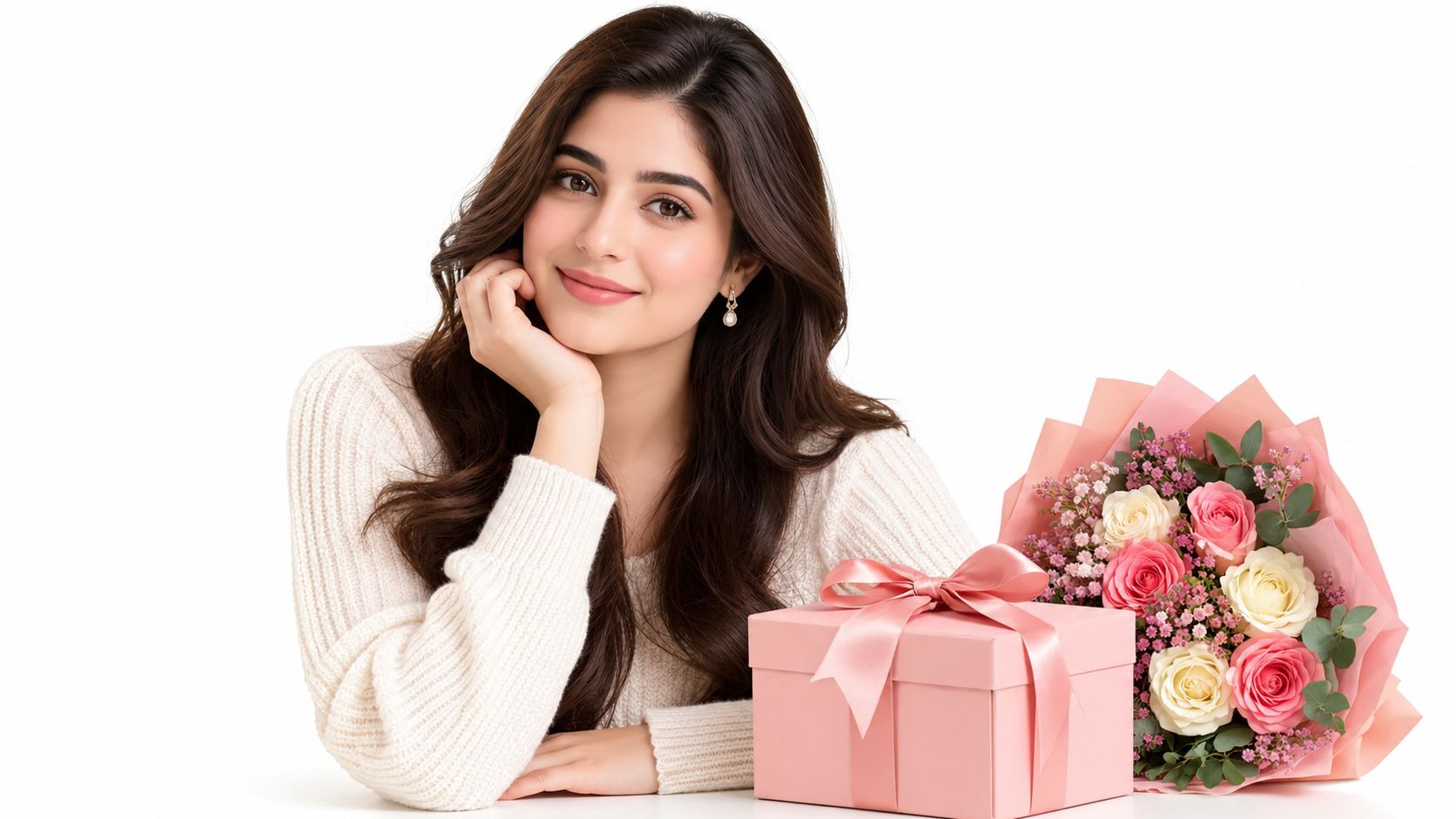 Eine wunderschöne lächelnde Frau mit langen braunen Haaren posiert neben einer rosa Geschenkbox und einem Blumenstrauß.
