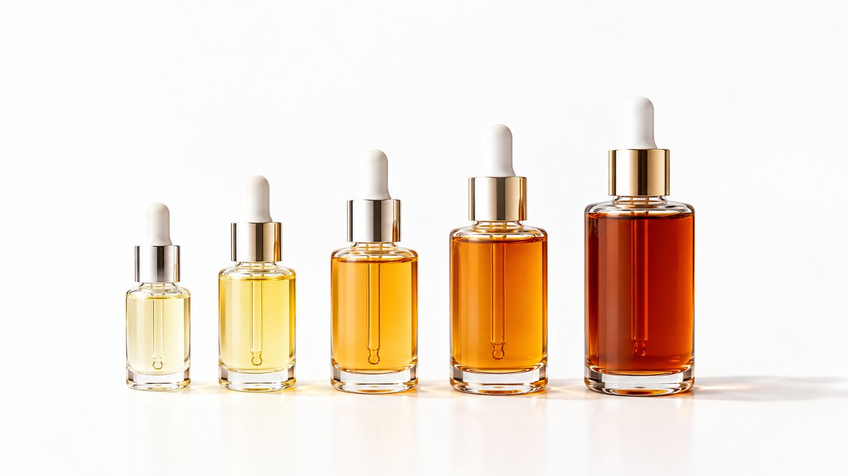 Five varying sizes of glass serum bottles with gold droppers arranged on a white background