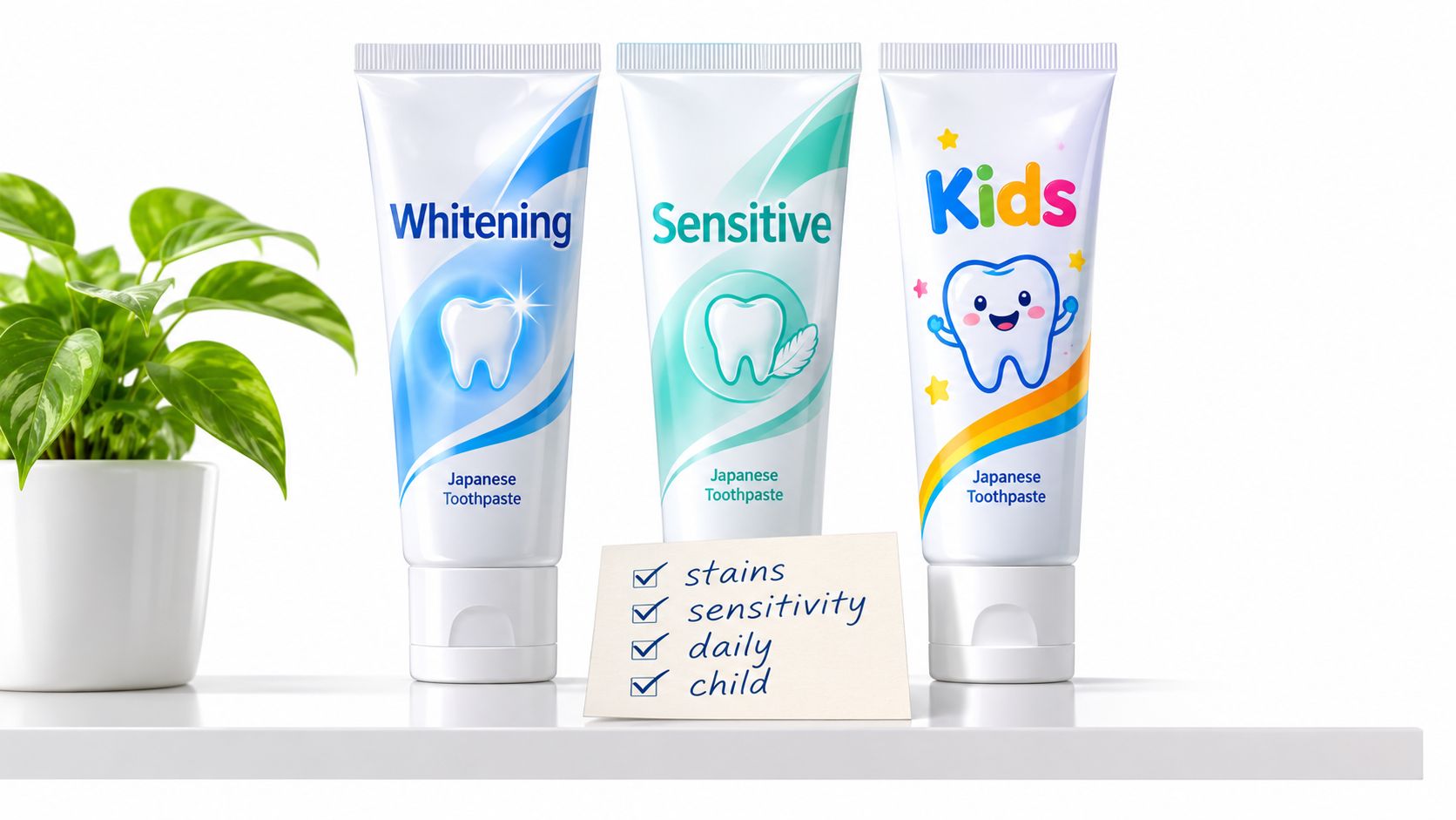 Three tubes of Japanese toothpaste for whitening, sensitive teeth, and kids arranged on a shelf next to a plant.