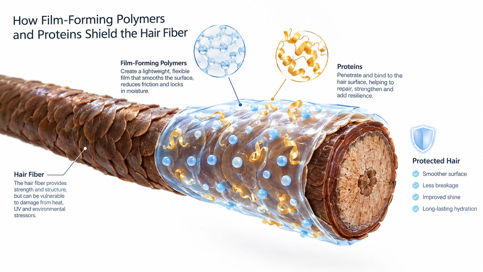 A detailed cross-section diagram showing how film-forming polymers and proteins protect and shield the hair fiber.