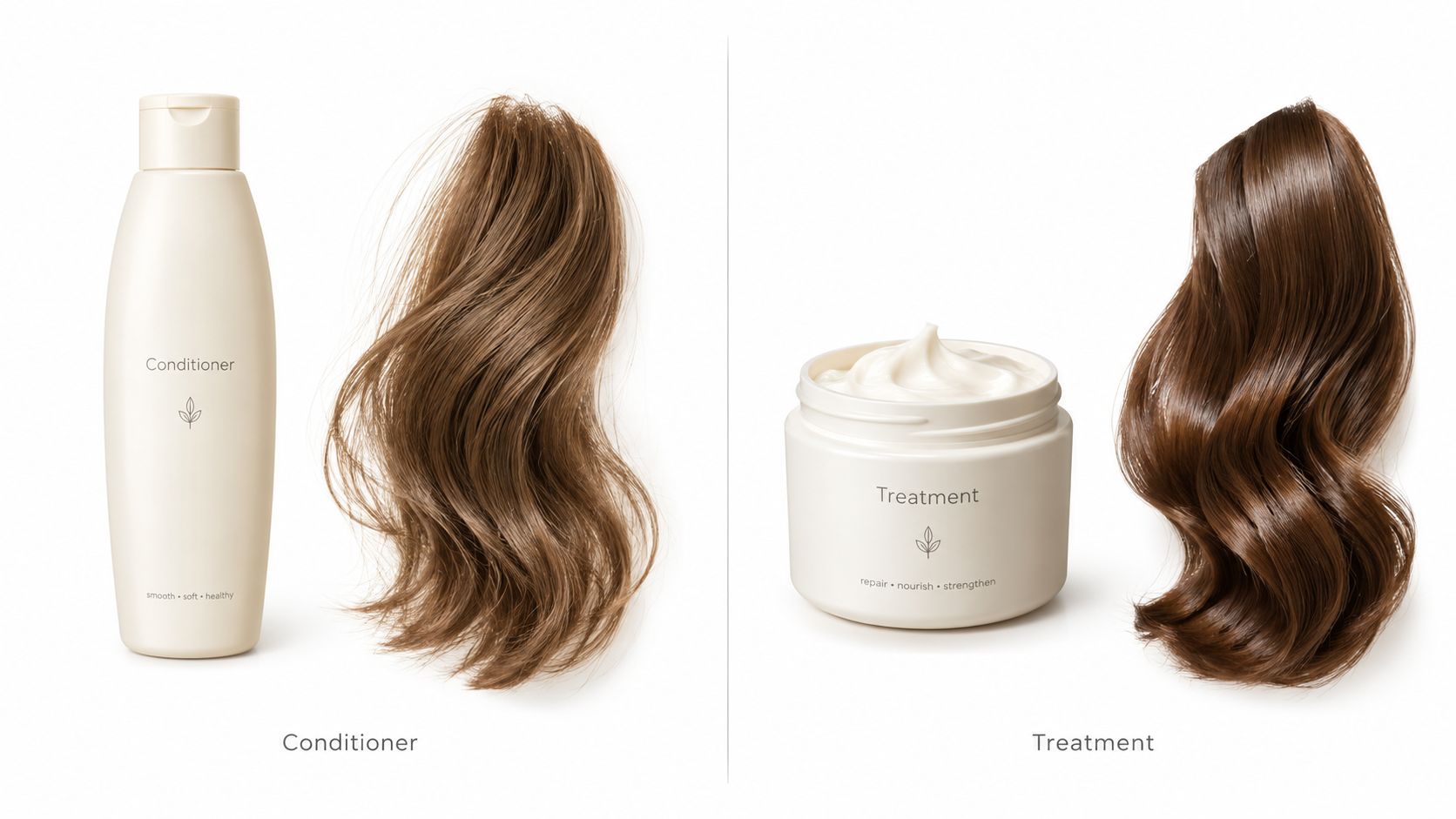 A comparison image showing a bottle of hair conditioner and a jar of hair treatment with hair samples.