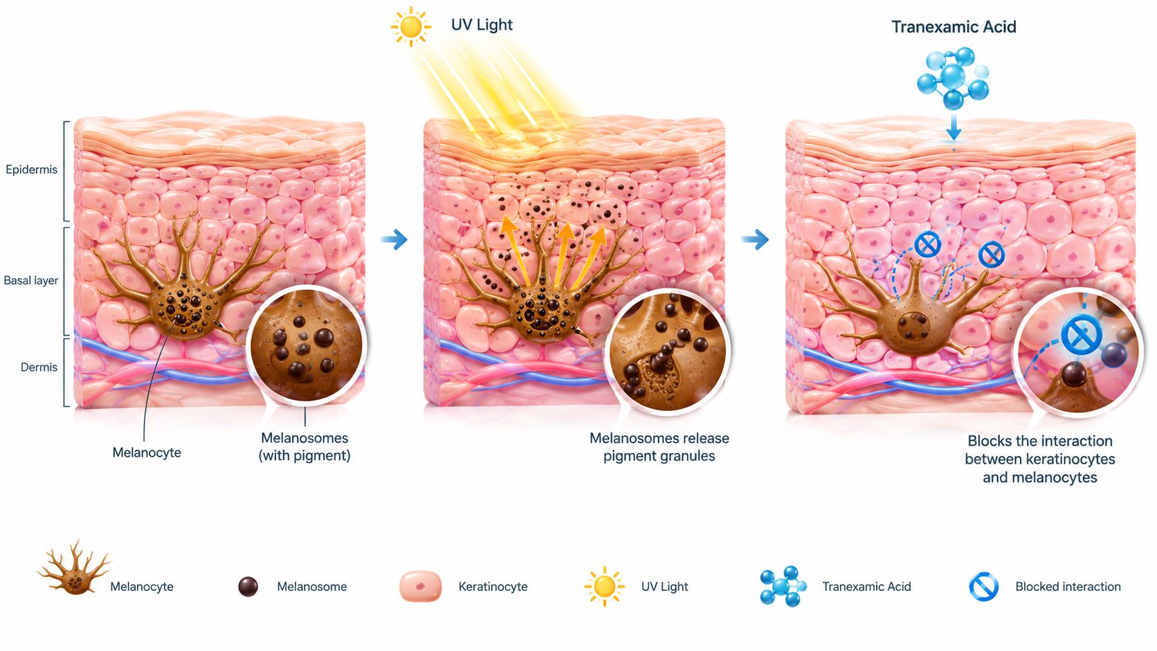 A diagram illustrating how tranexamic acid blocks the interaction between melanocytes and keratinocytes to reduce pigmentation.