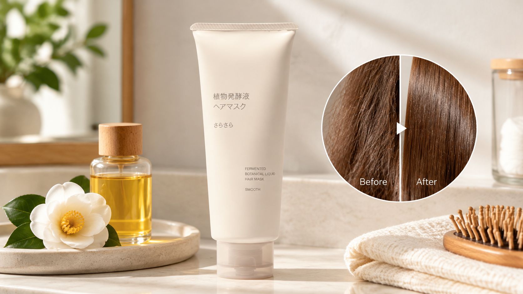 A tube of botanical hair mask next to a flower, oil bottle, and hair brush on a table.