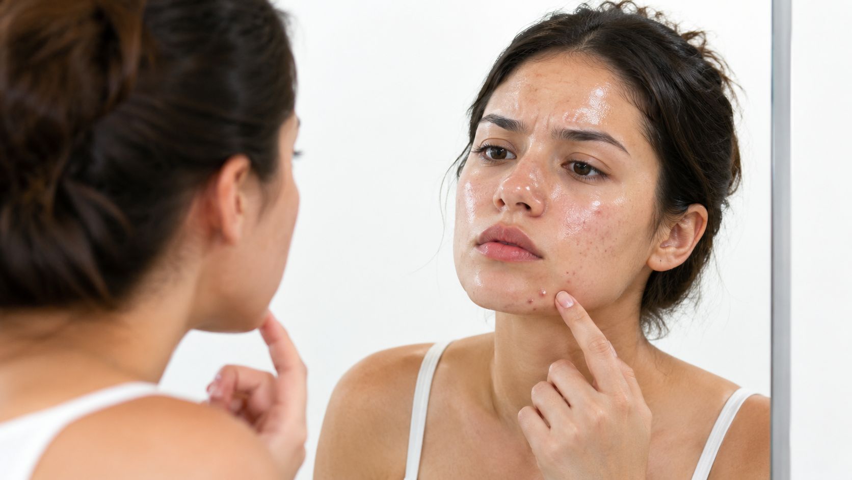 A young woman examining her acne-prone, oily skin while looking into a bathroom mirror.