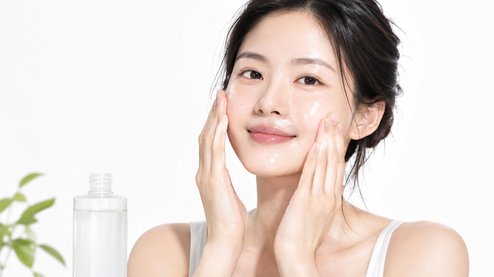 A young woman applying a moisturizing skincare product to her glowing face in a studio setting.