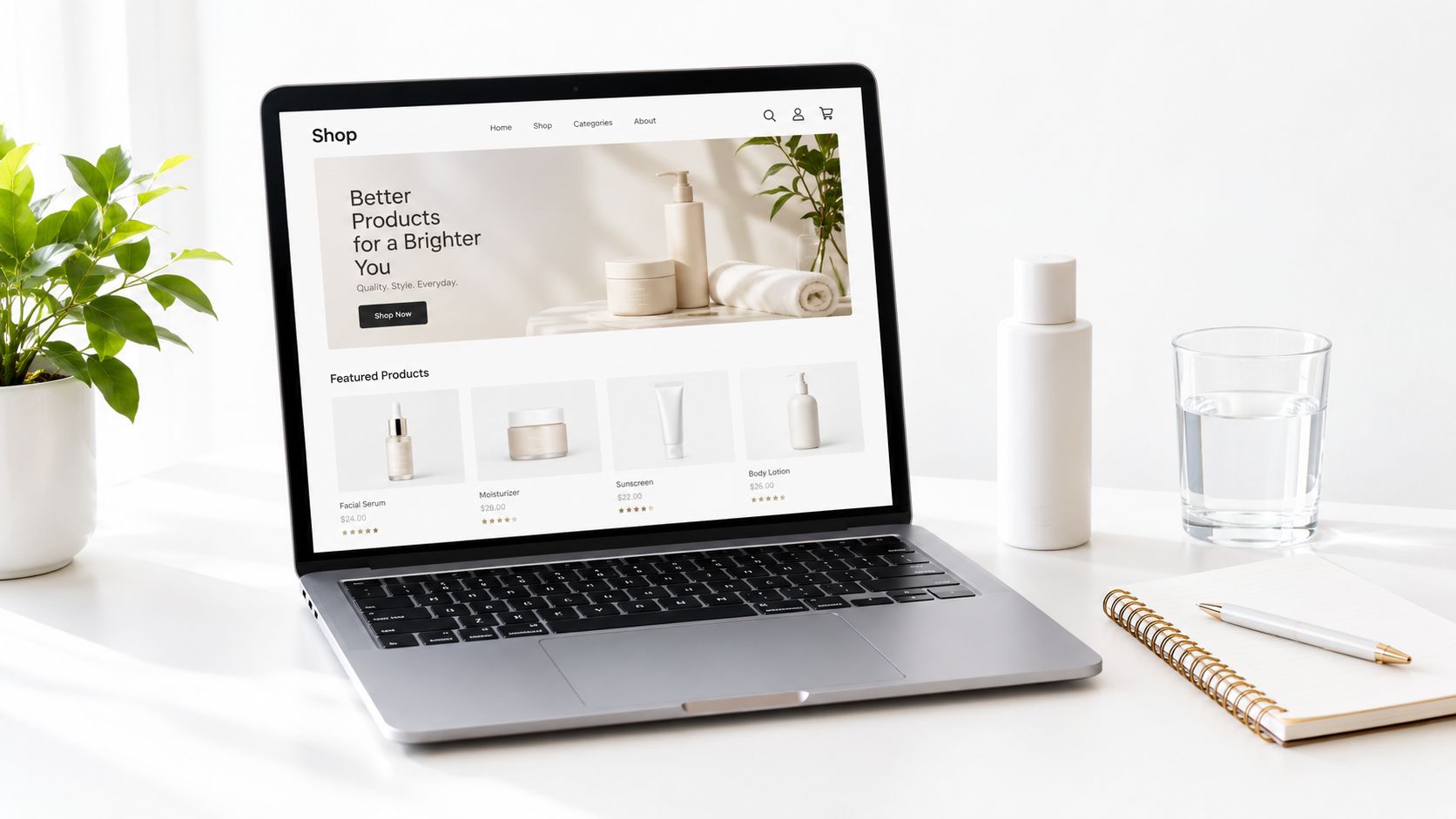 A modern laptop displaying a skincare online shop website on a desk with a plant and notepad.