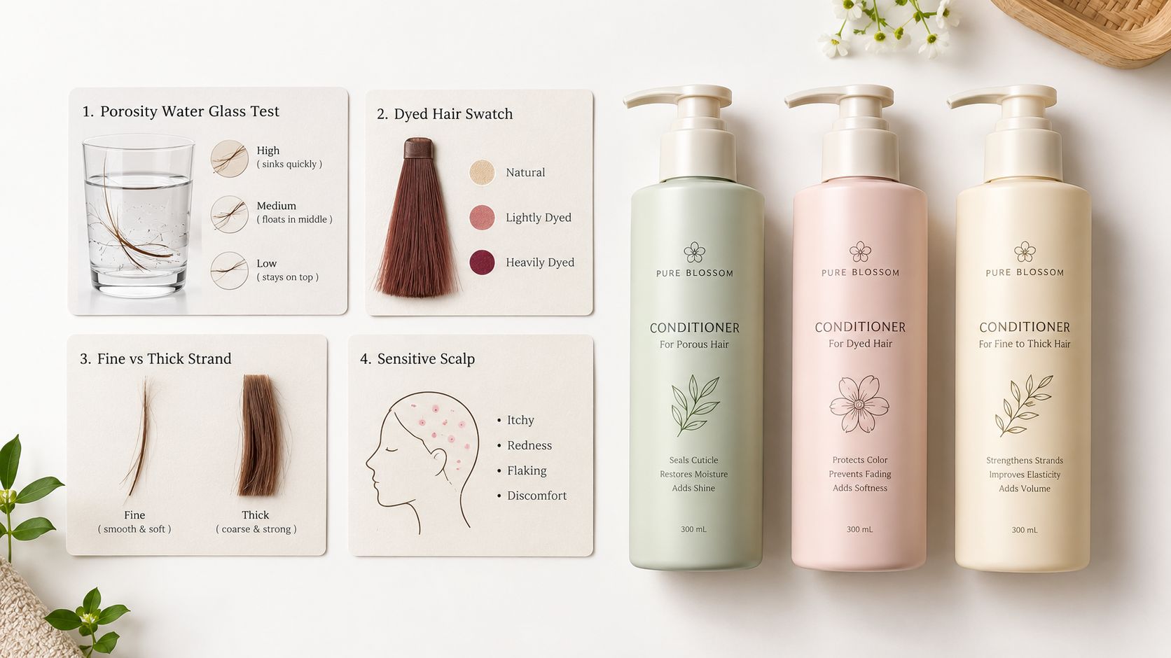 Trois flacons d’après-shampooing Pure Blossom à côté de tableaux pédagogiques expliquant la porosité des cheveux, les niveaux de coloration et les types de cuir chevelu.