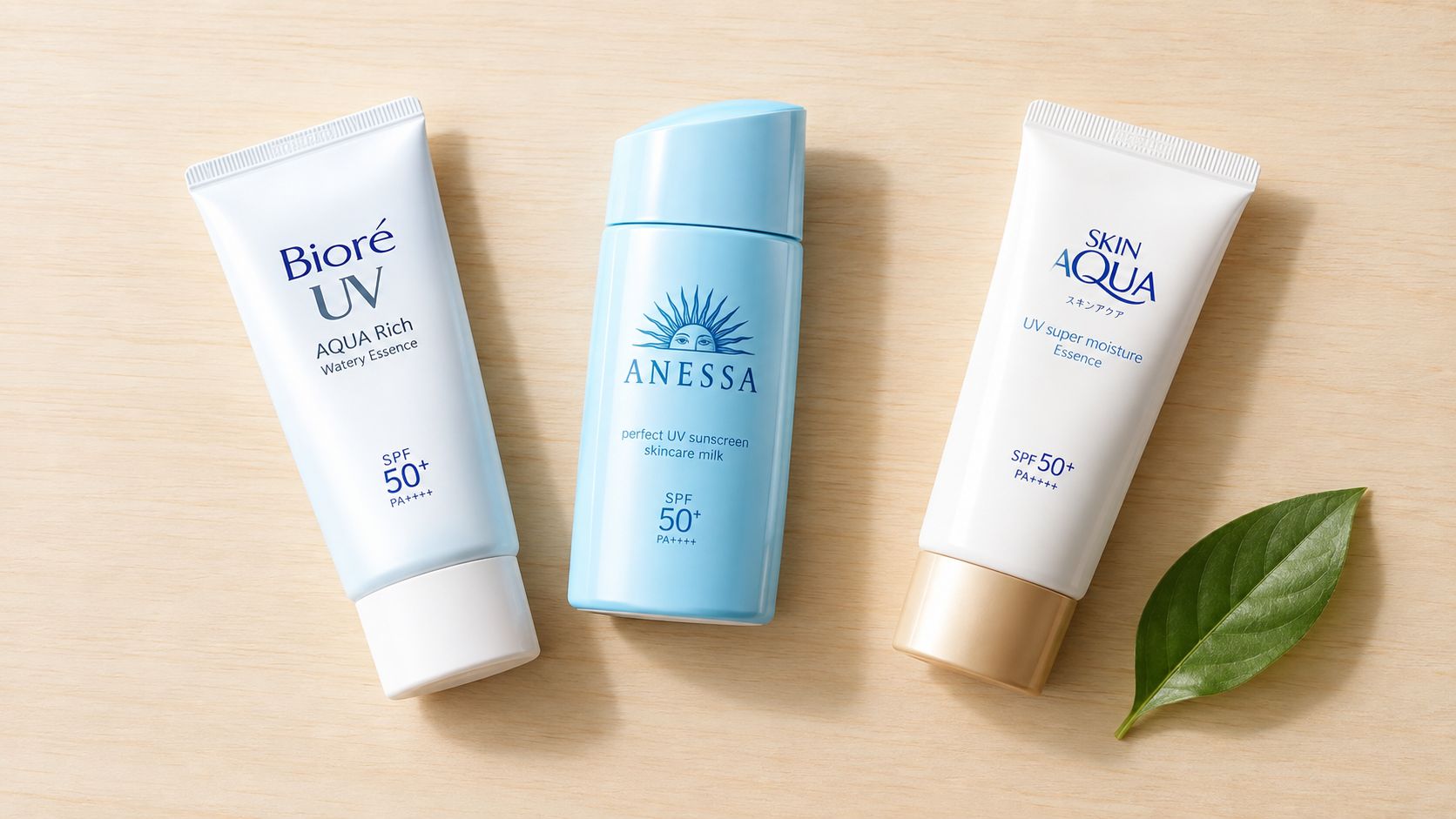 Three popular Japanese sunscreen bottles arranged on a light wooden surface next to a green leaf.