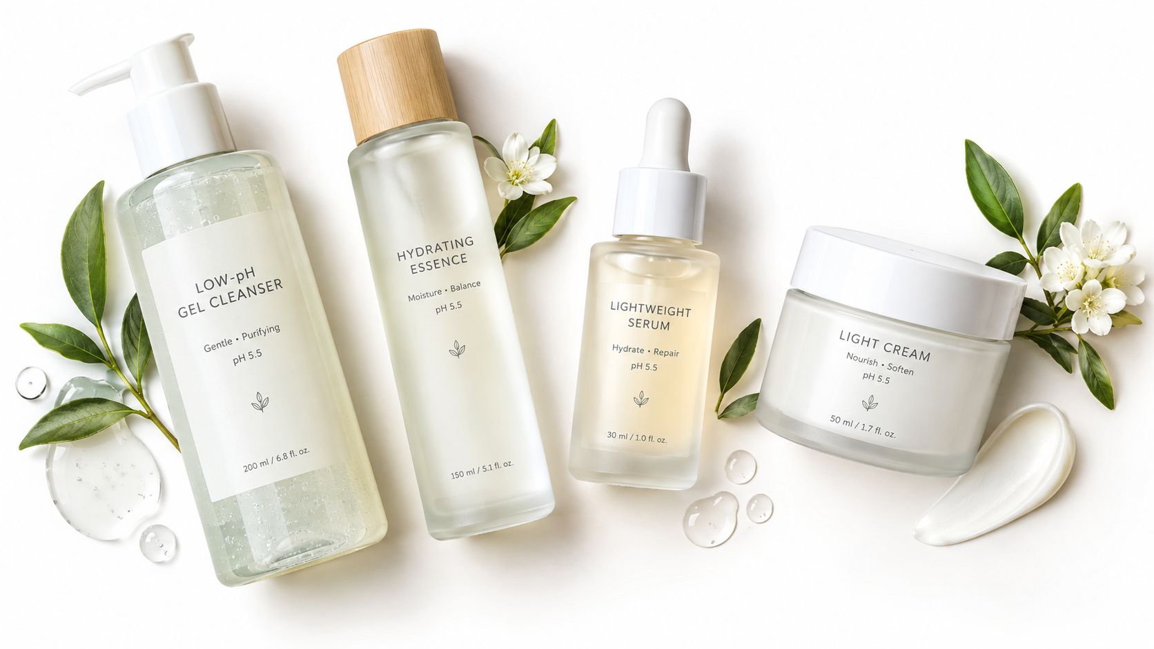 A set of four skincare products including cleanser, essence, serum, and cream arranged on a white background.