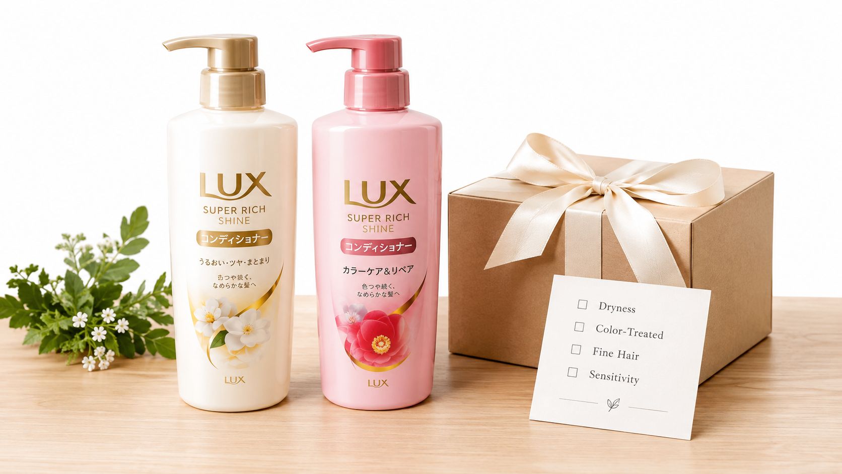 Deux flacons d'après-shampoing japonais Lux Super Rich Shine à côté d'une boîte cadeau et d'une liste de contrôle.