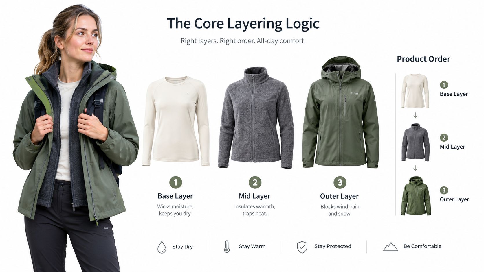 A woman demonstrating the core three-layer clothing system for hiking including a base, mid, and outer layer.