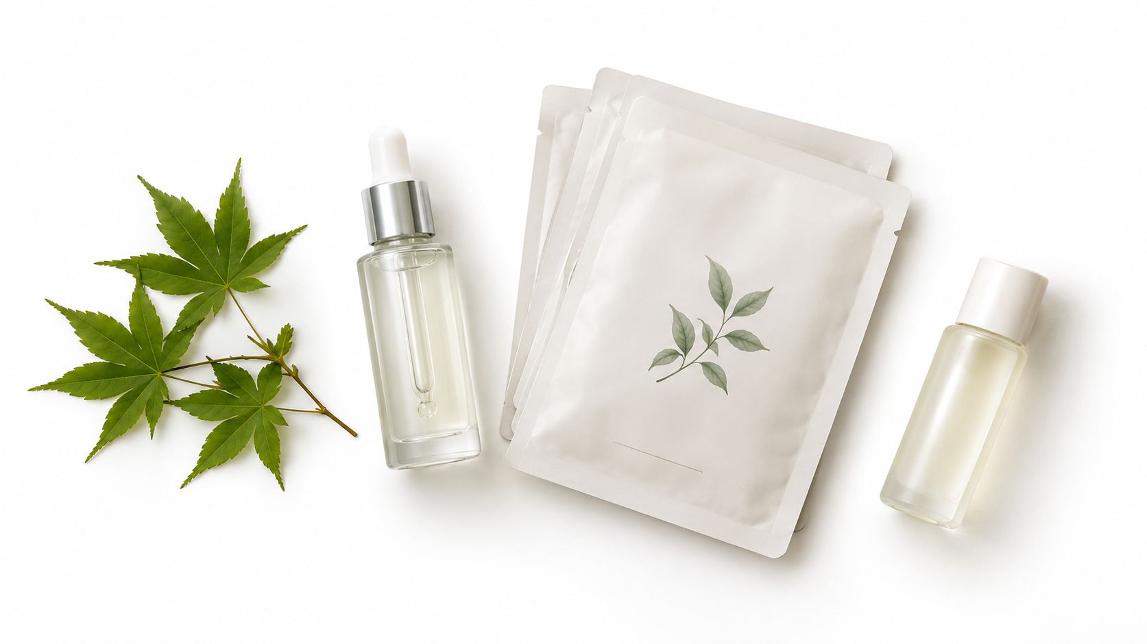A flatlay view of Japanese skincare products including facial serum, masks, and fresh green maple leaves.