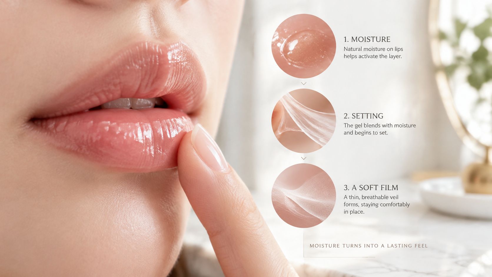 Close up of lips applying lipstick with a three step process graphic showing moisture setting into a film.