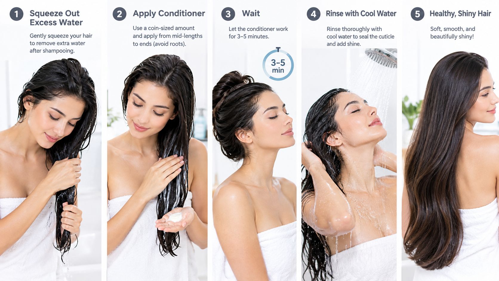 Un guide en cinq étapes pour appliquer correctement un après-shampoing japonais afin d'obtenir des cheveux doux et brillants.