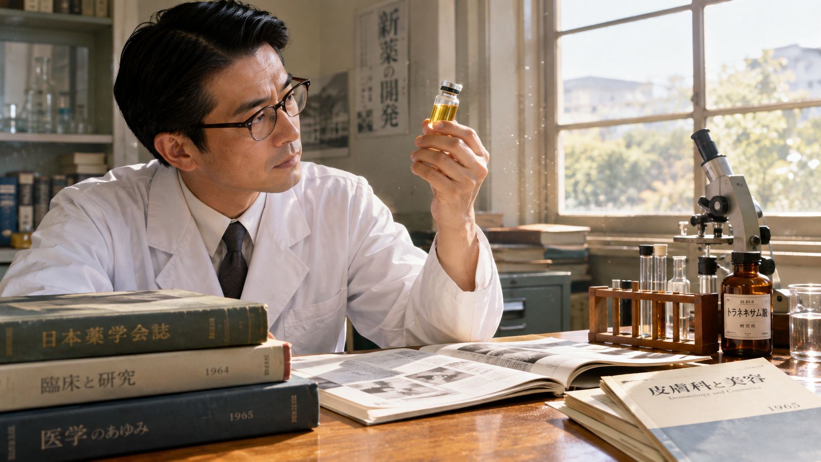 A Japanese researcher in a laboratory coat examines a golden vial of tranexamic acid solution.