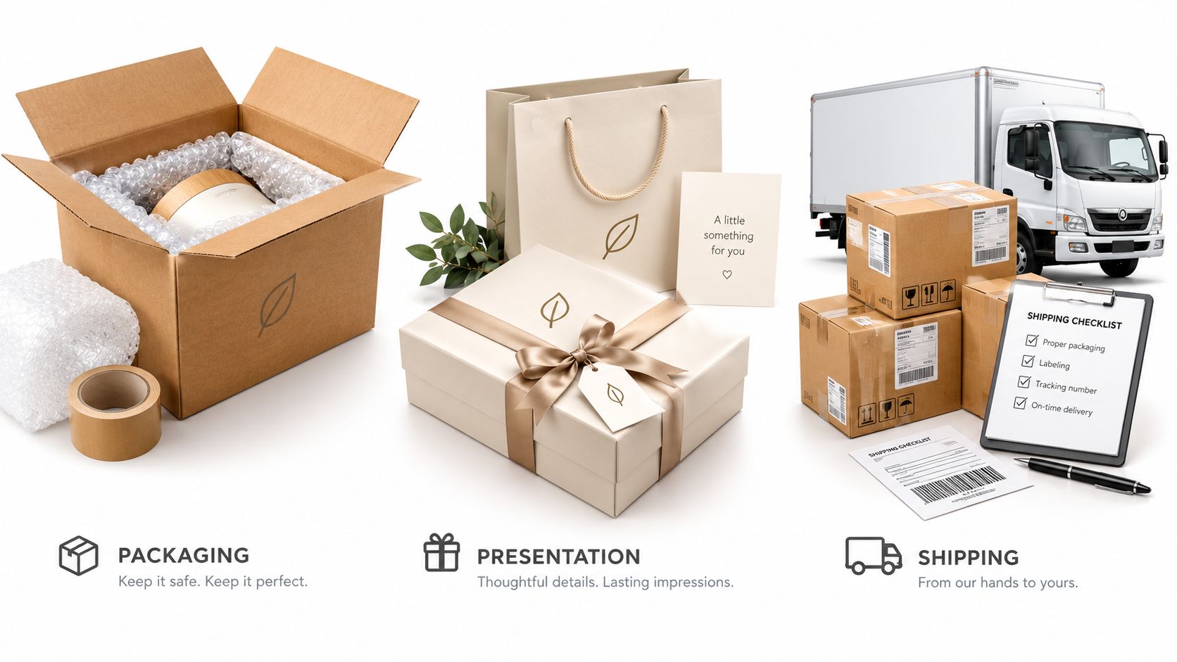 Eine professionelle Infografik, die den dreistufigen Logistikprozess einschließlich sicherer Produktverpackung, eleganter Geschenkpräsentation und Versand veranschaulicht.