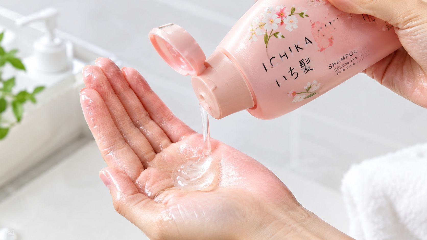 A person pouring clear liquid shampoo from a pink Ichikami Kracie bottle into their open palm.