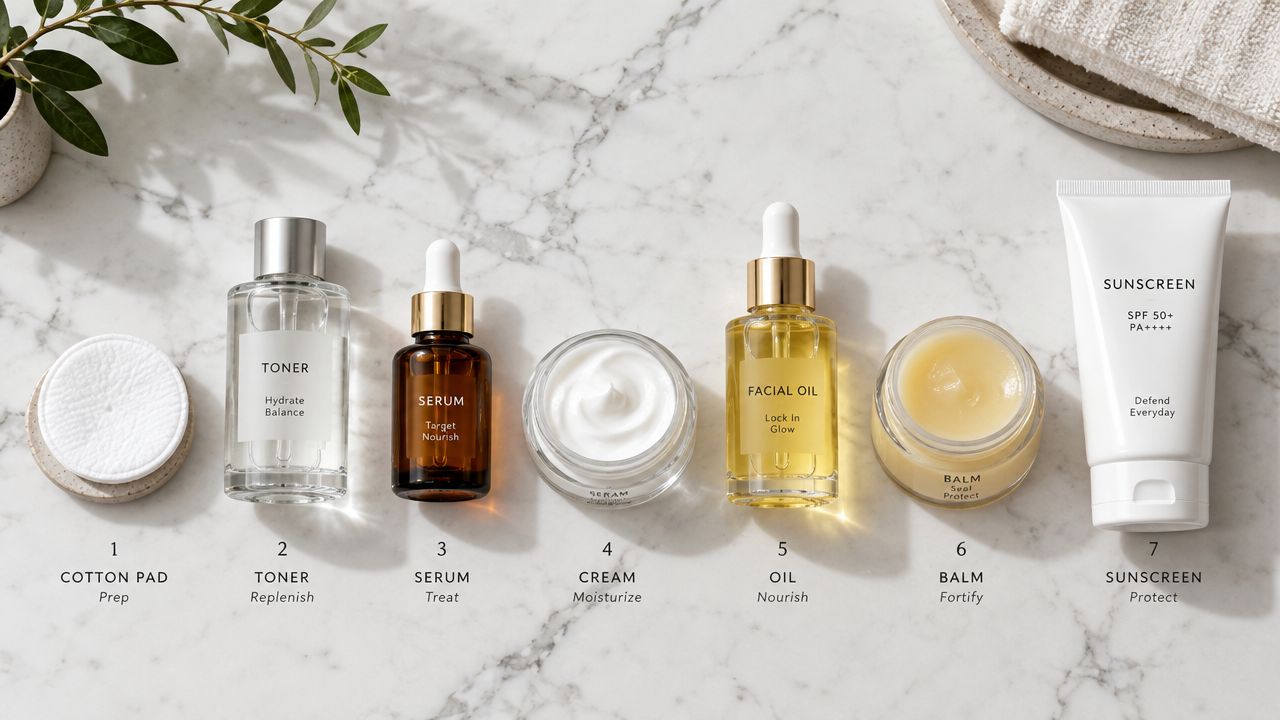 A flatlay view of seven essential skincare products labeled and numbered on a marble surface.