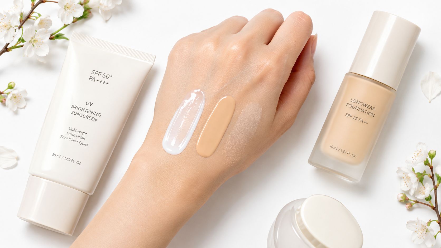 A hand showing swatches of sunscreen and foundation next to cosmetic bottles and white cherry blossoms.