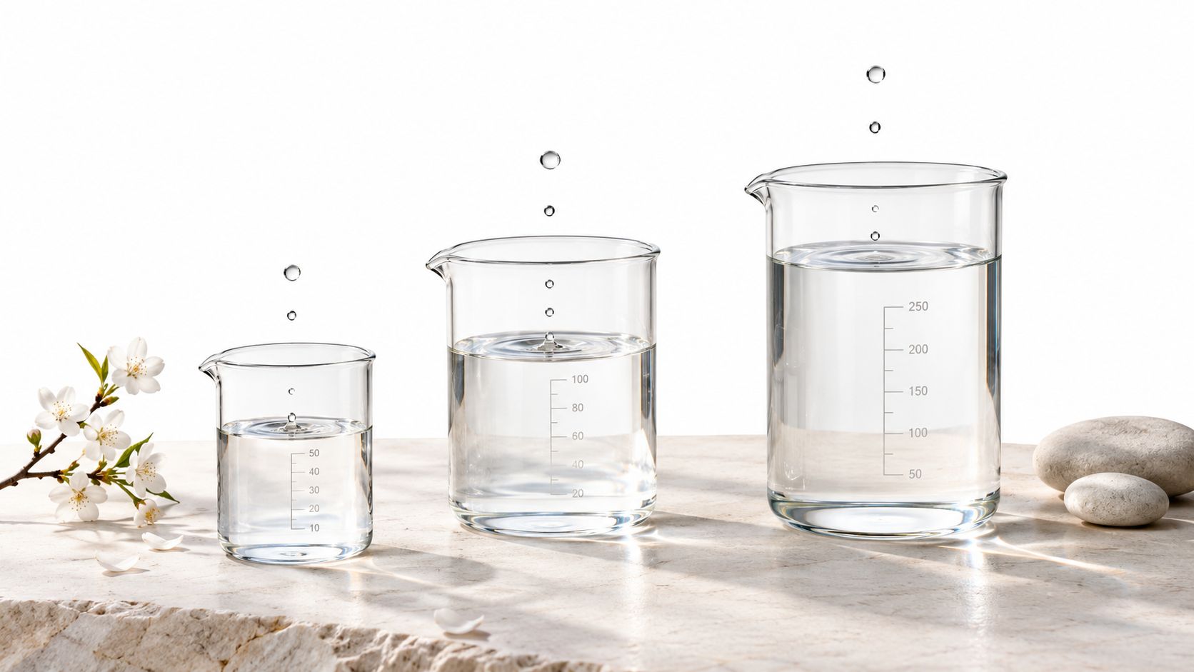 Three glass beakers filled with clear water placed on a stone surface with cherry blossoms and stones.