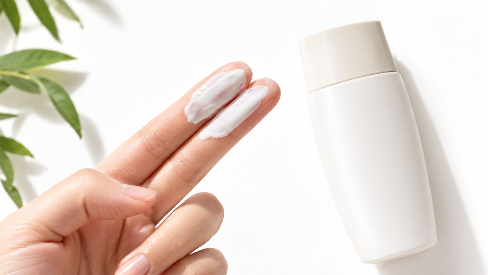 A person holding two fingers with white sunscreen lotion next to a blank white sunscreen bottle.