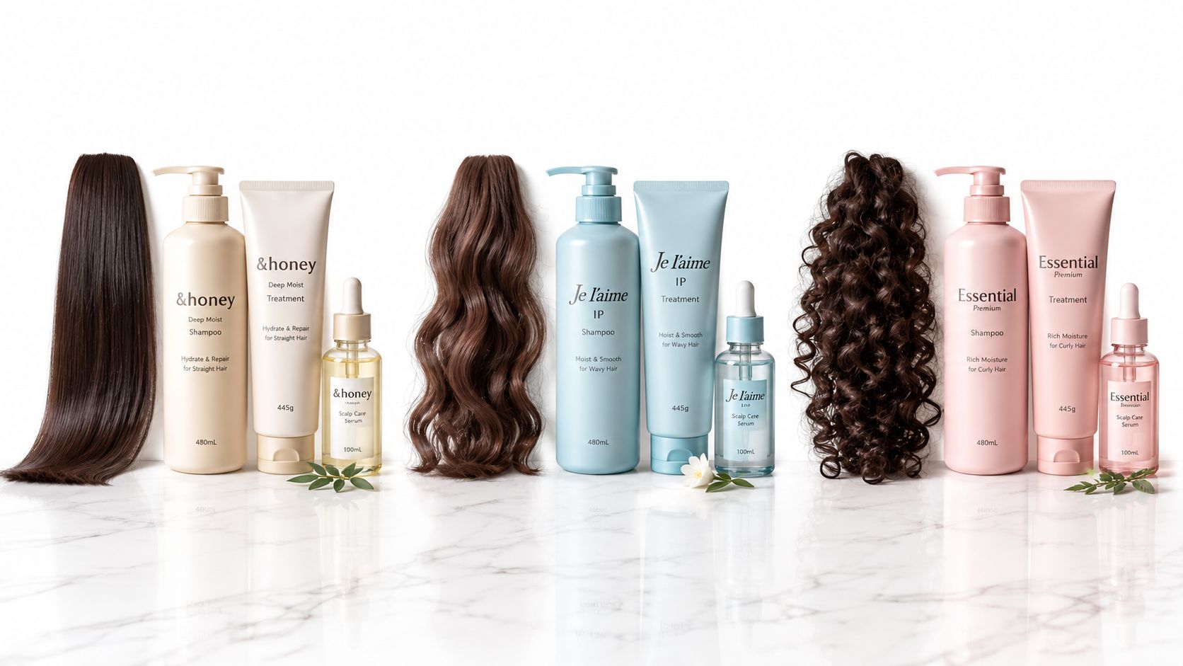 Three sets of Japanese haircare products including shampoo, treatment, and serum alongside different hair texture samples.
