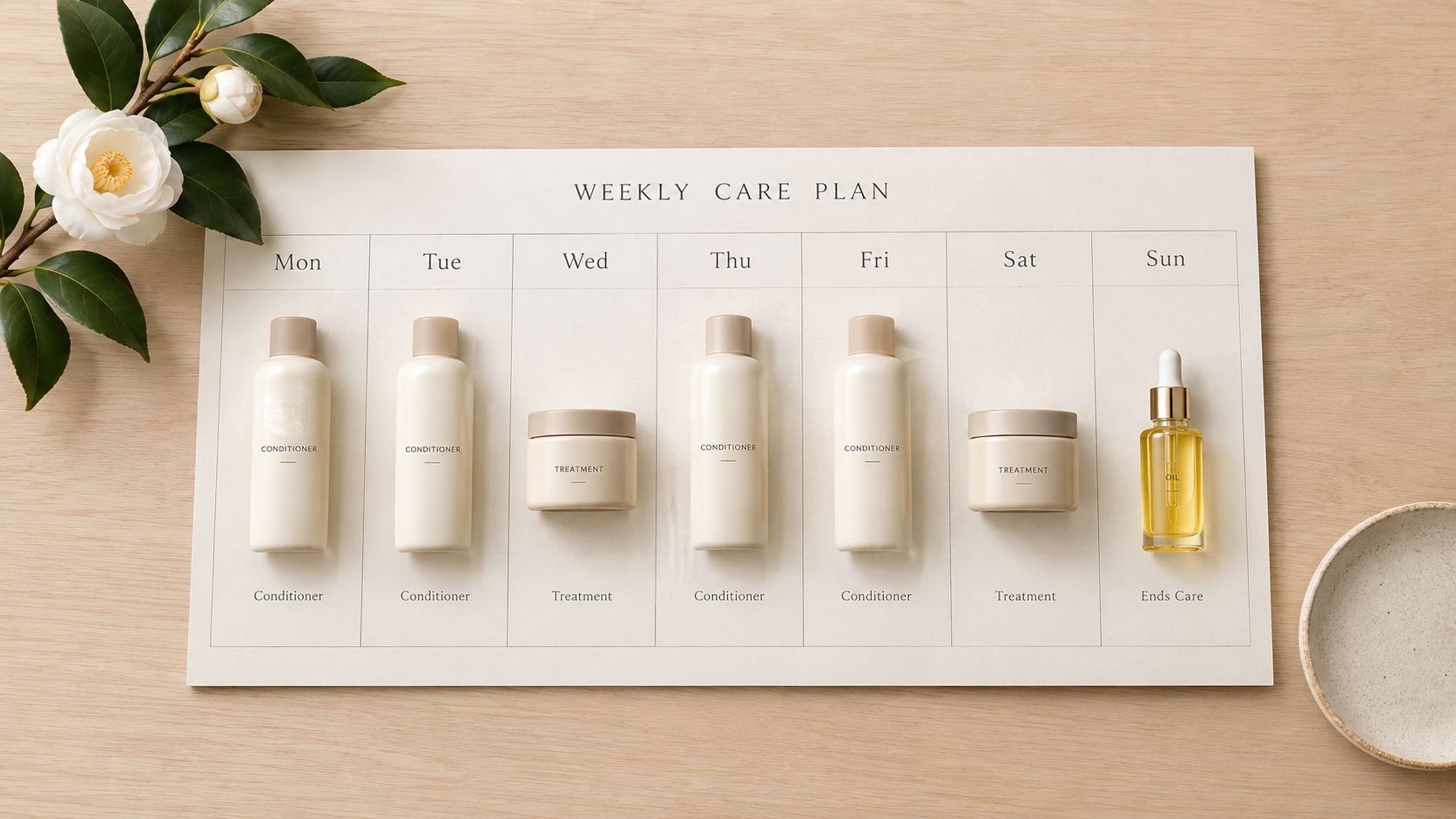 A weekly hair care plan layout featuring bottles of conditioner, jars of treatment, and hair oil.
