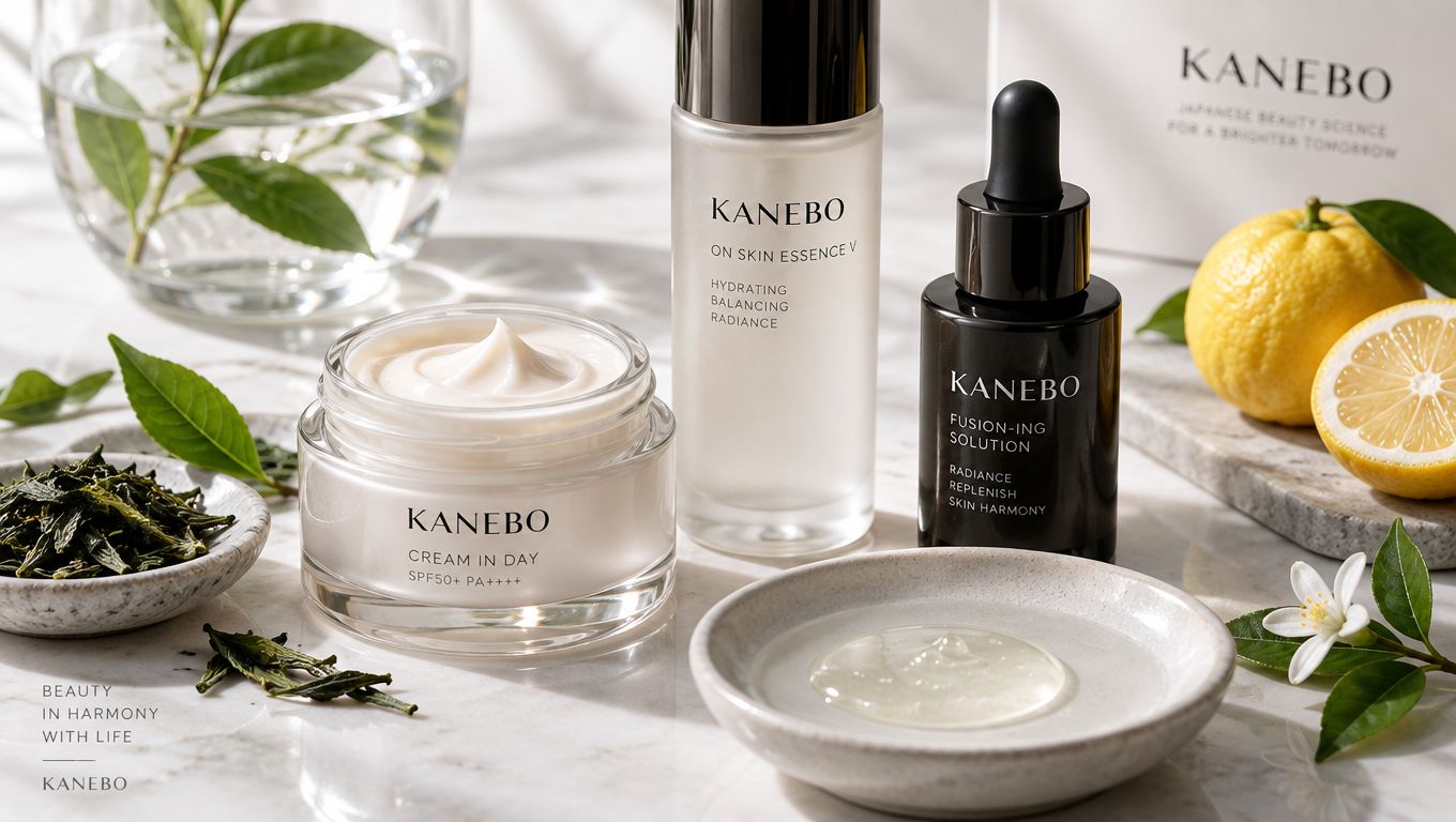 A professional flatlay of premium Kanebo skincare products, including a day cream, essence, and serum on a table.
