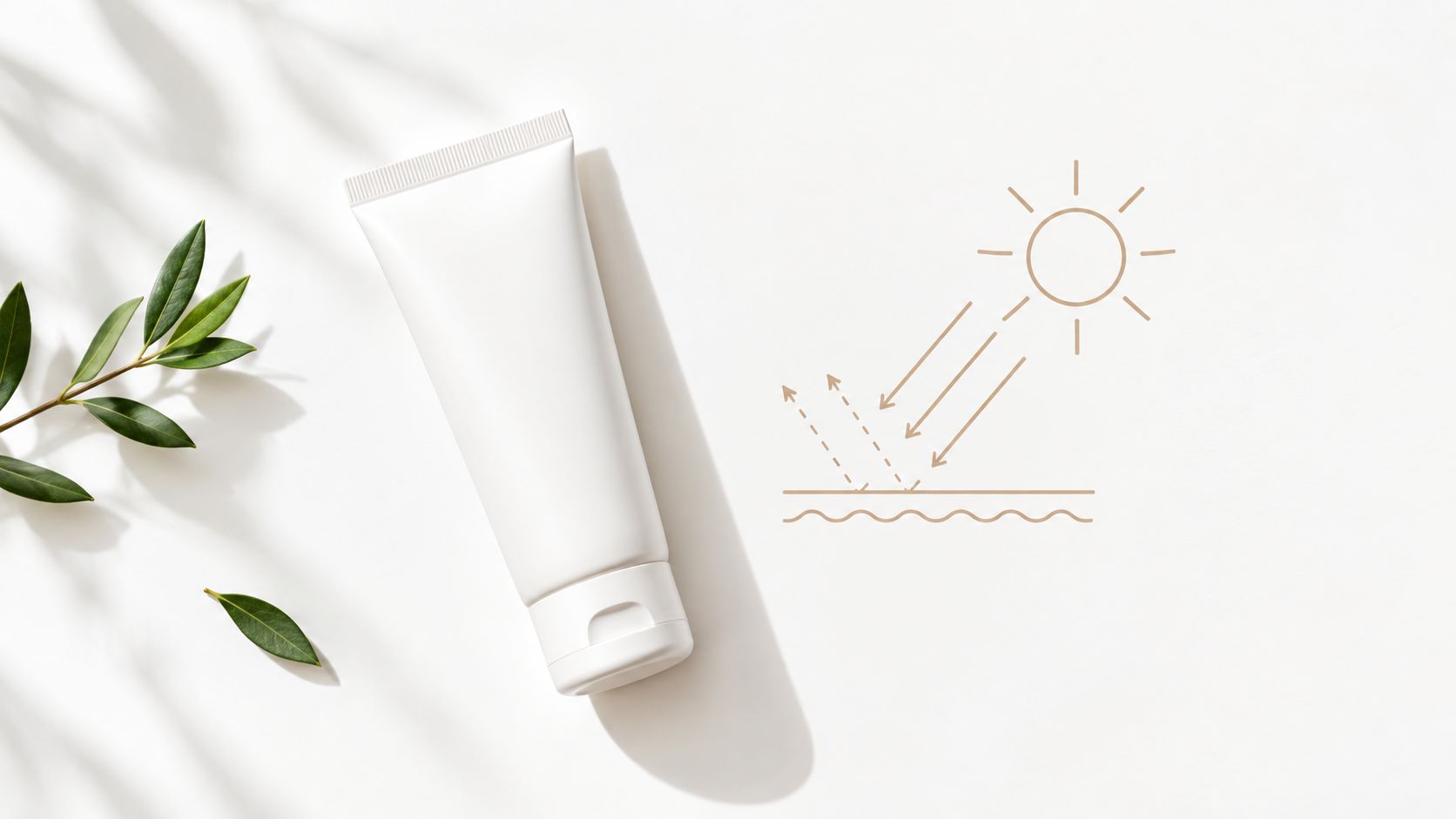 A blank white sunscreen tube beside a green plant sprig with an illustration of sun rays reflecting.