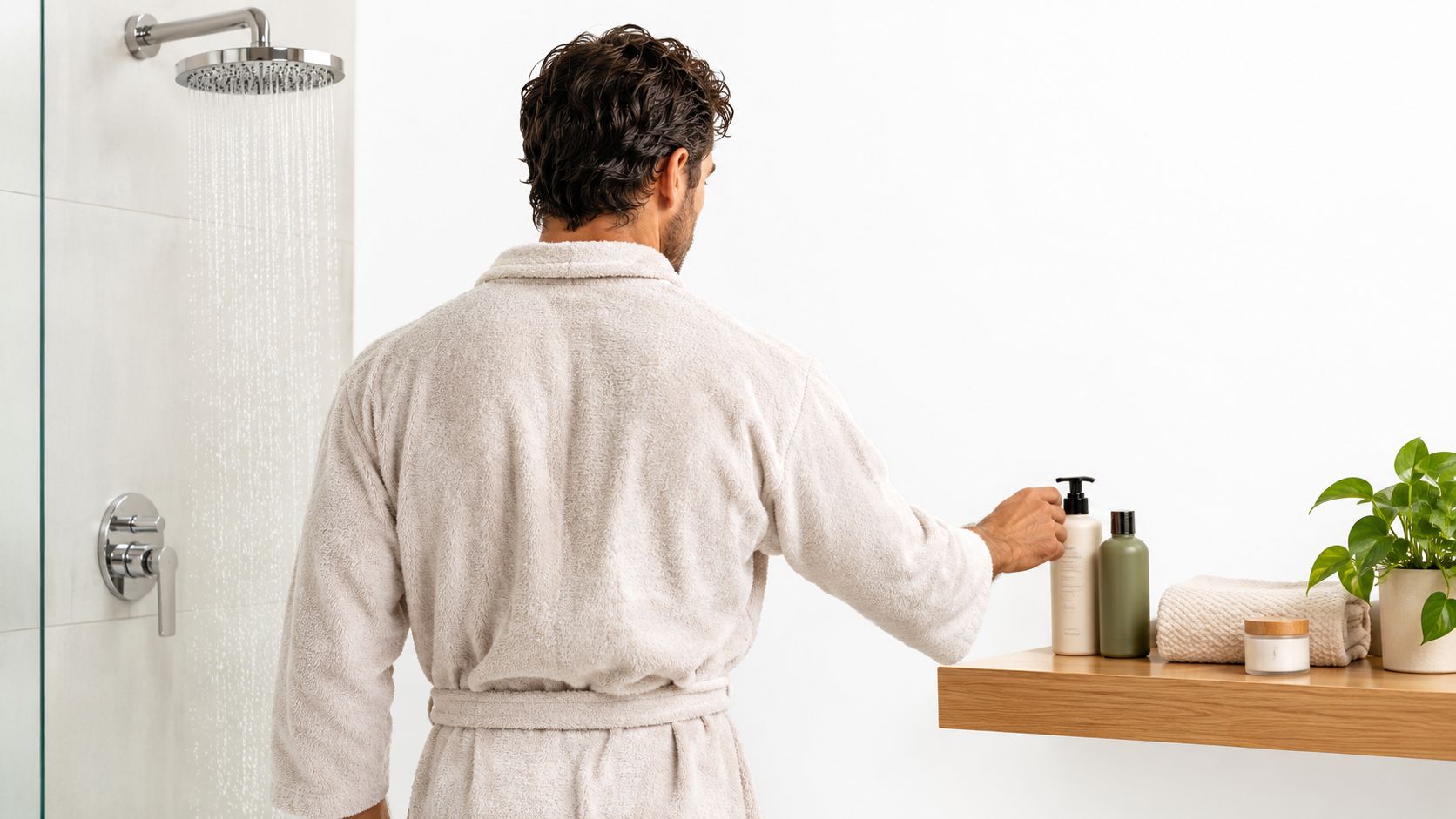 A man wearing a bathrobe reaching for skincare bottles on a wooden bathroom shelf near a shower.