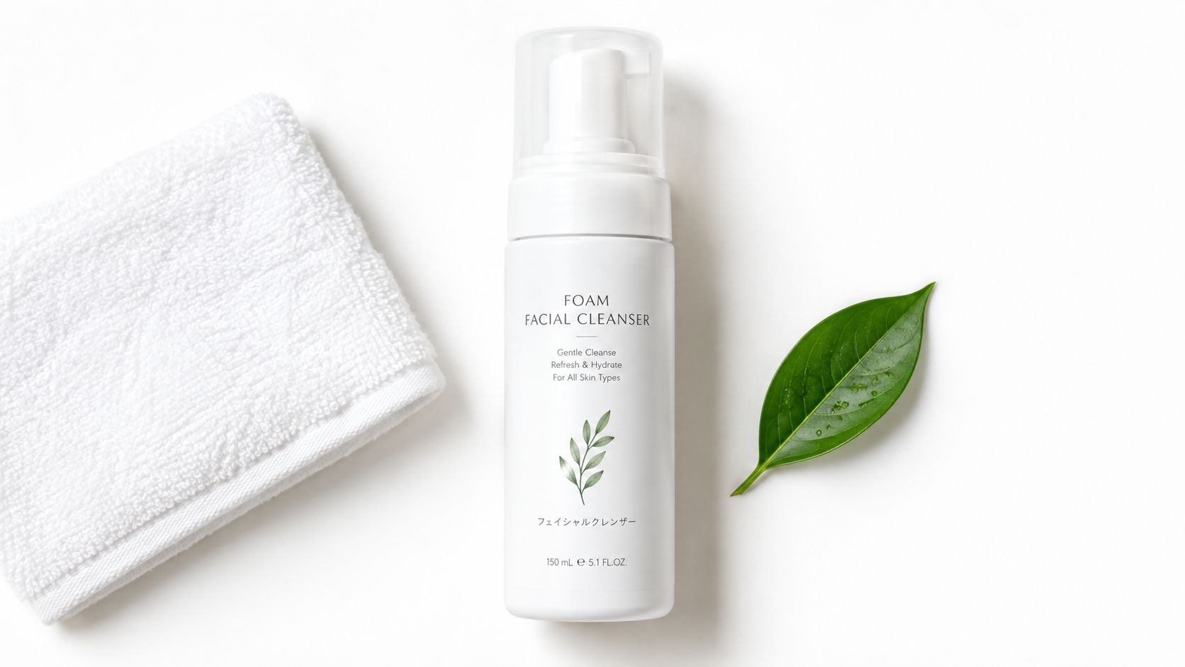 A white bottle of foam facial cleanser placed next to a soft white towel and a green leaf.