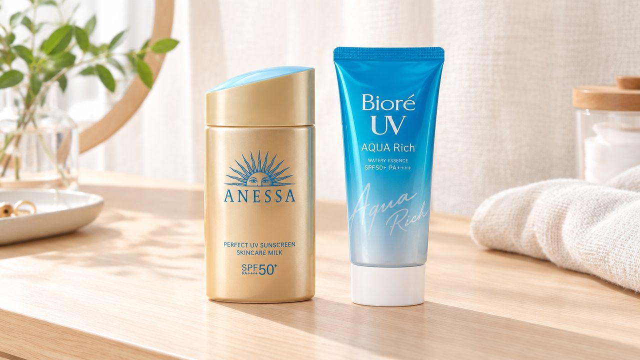 A gold bottle of Anessa Perfect UV Sunscreen and a blue tube of Bioré UV Aqua Rich sunscreen.