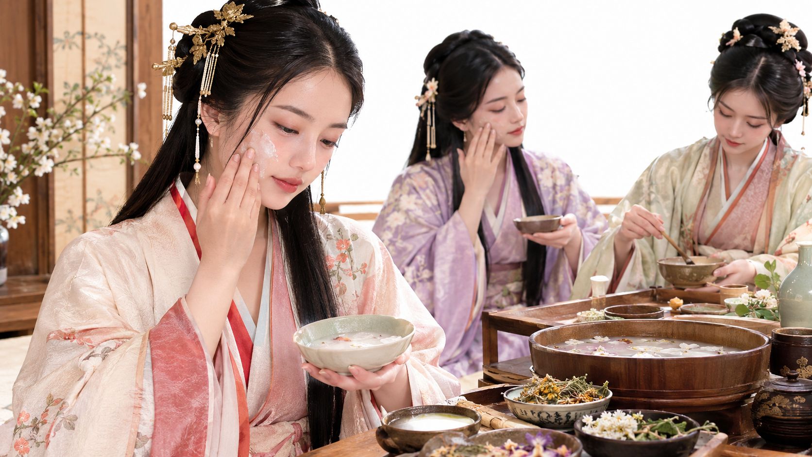 Three elegant women in traditional Asian robes applying herbal skincare treatments from bowls in a serene setting.