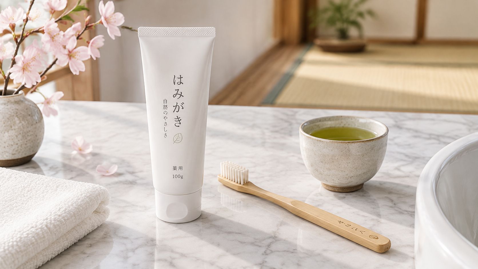 A white tube of Japanese toothpaste, a wooden toothbrush, and a small tea cup on a marble counter.