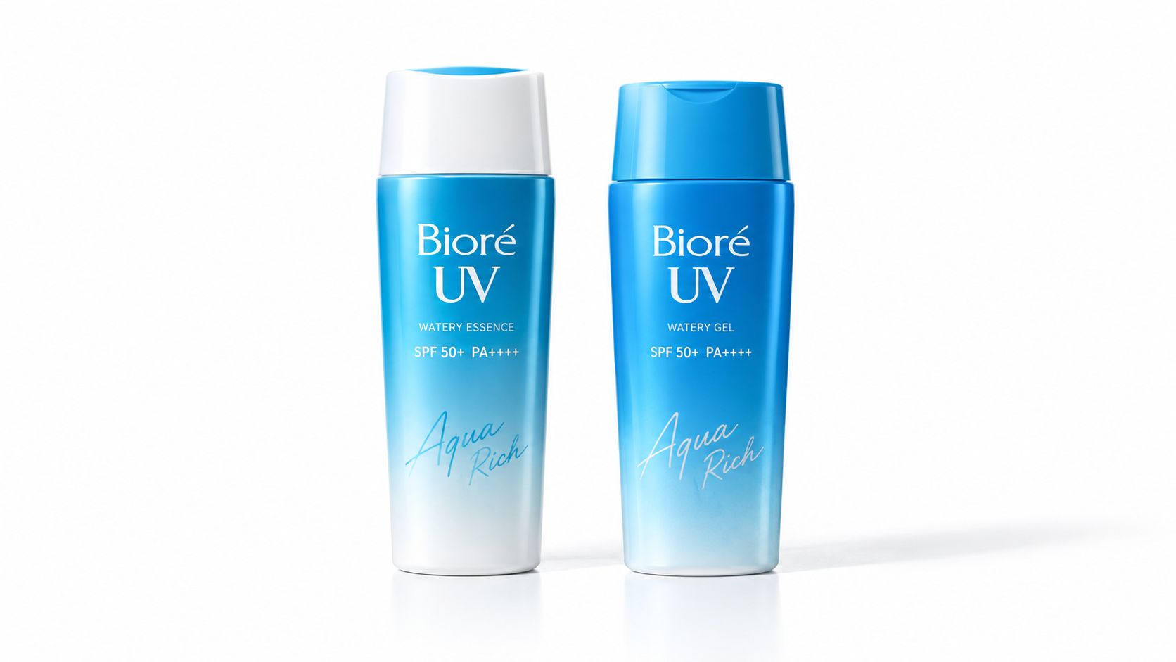 A side-by-side comparison of Biore UV Aqua Rich Watery Essence and Watery Gel sunscreen bottles.