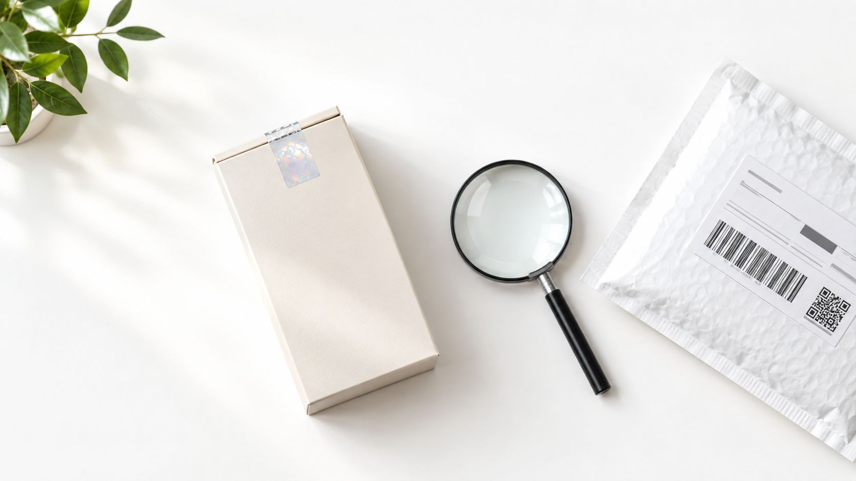 A minimalist flatlay showing a gift box, a magnifying glass, and a padded shipping envelope on white.