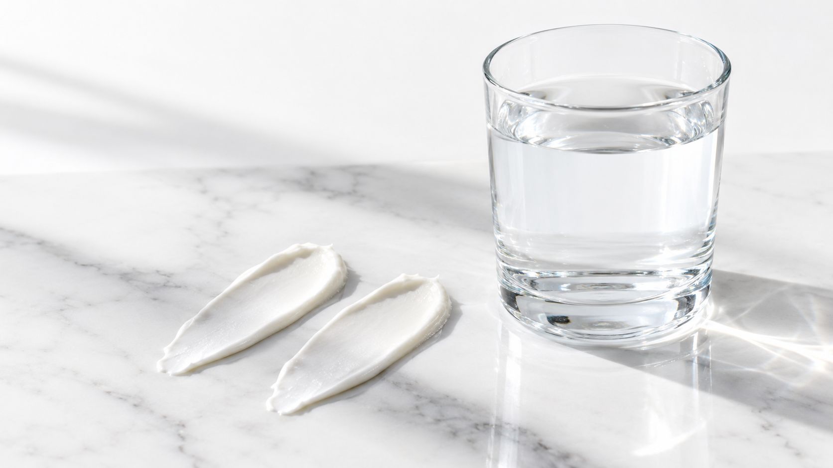 Two smooth smears of white skincare cream placed next to a glass of clear water on marble.