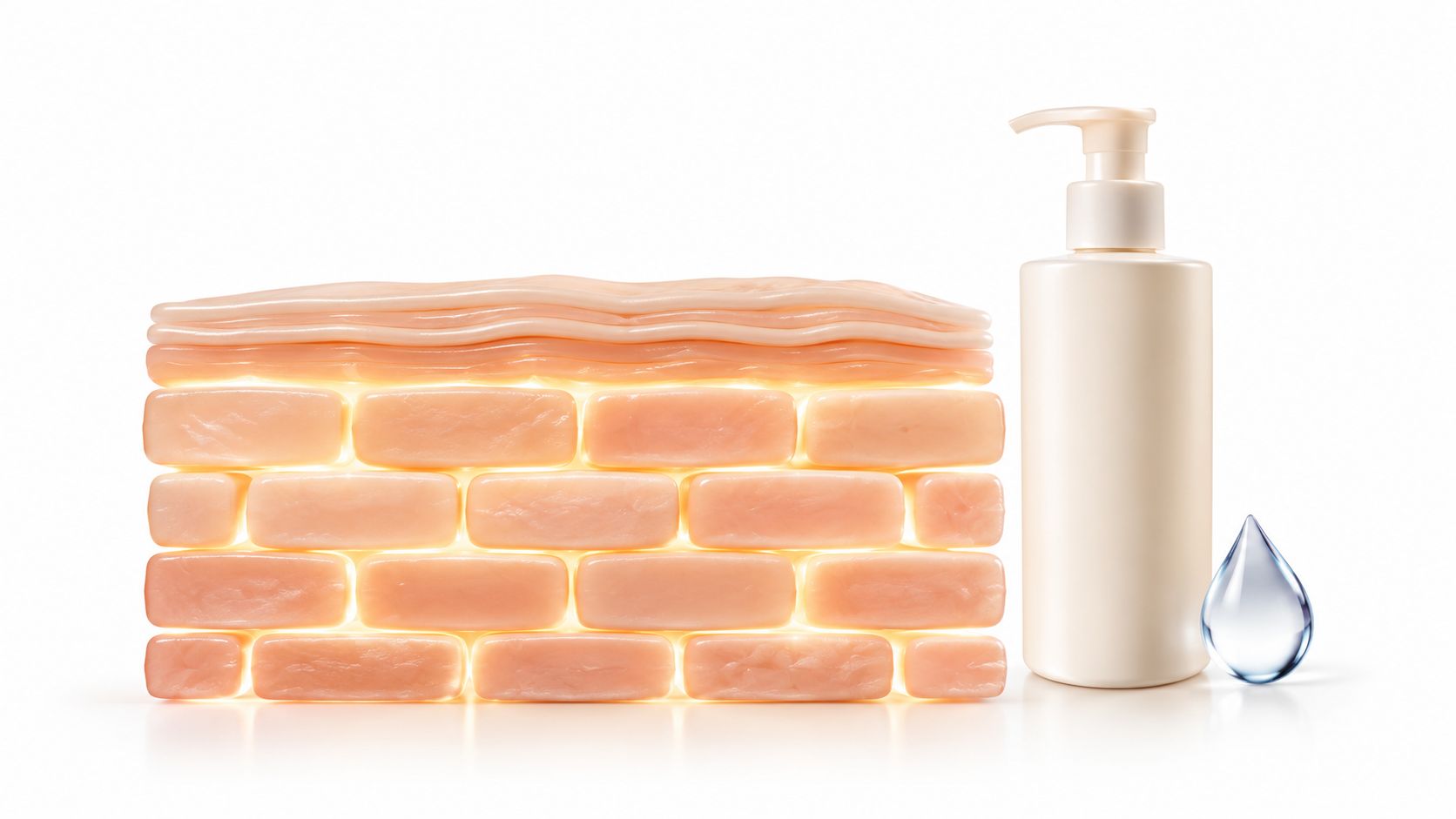 A cross-section illustration showing healthy skin structure alongside a bottle of body wash and a water droplet.