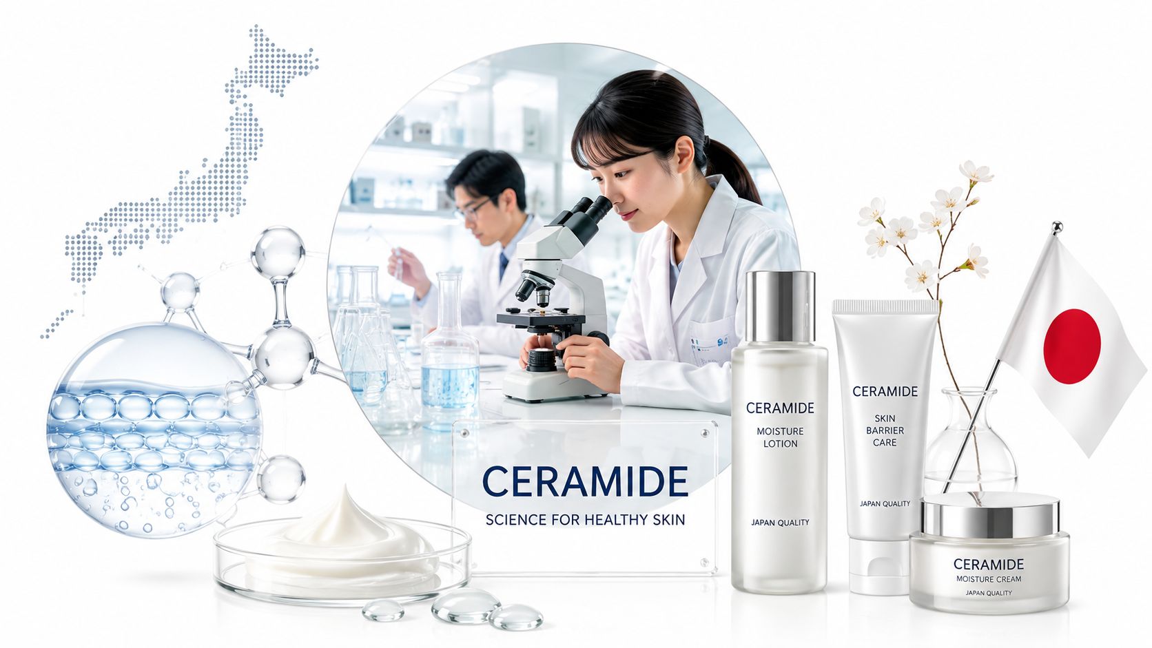 A scientist uses a microscope in a laboratory with Japanese ceramide skincare products and symbols of Japan.