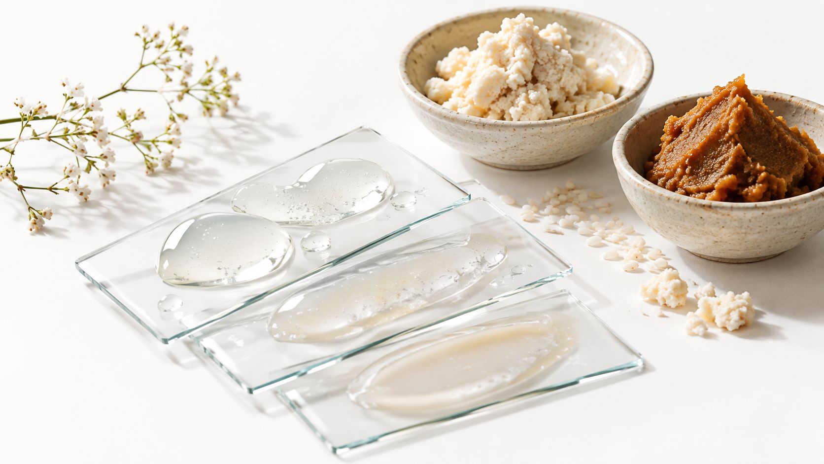 Three glass slides with various skincare textures next to bowls of koji rice and miso paste.