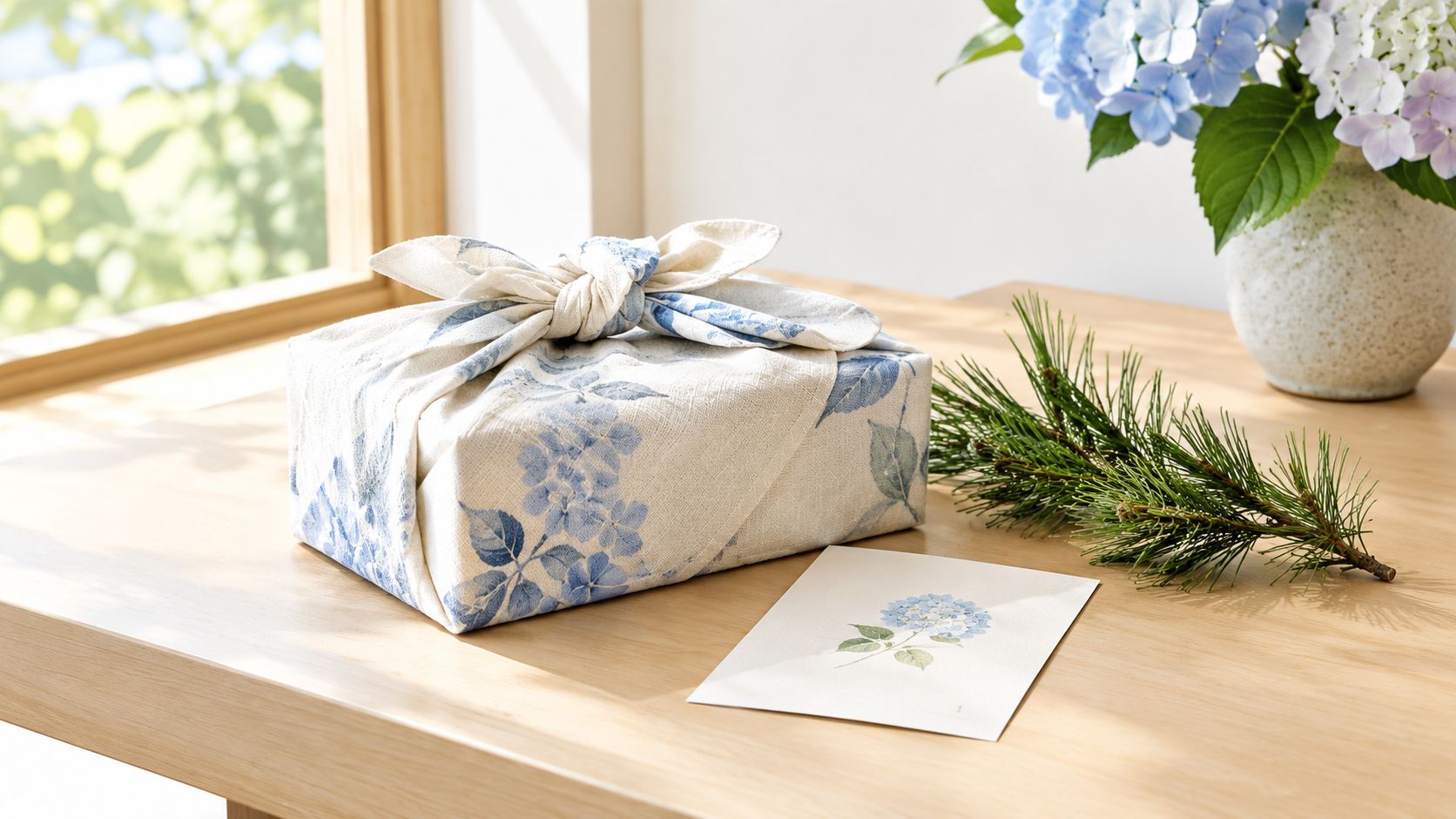 A thoughtfully wrapped gift with floral fabric sitting on a wooden table beside a card and flowers.