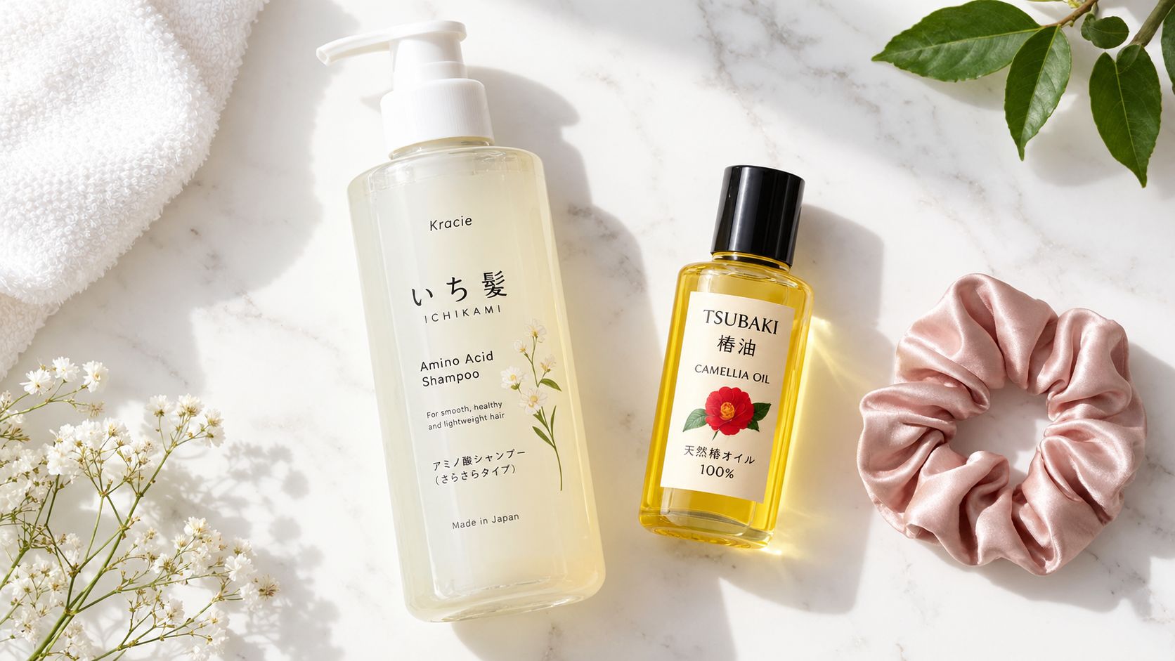 Una composizione dall’alto di prodotti giapponesi per la cura dei capelli, tra cui lo shampoo Ichikami e l’olio di camelia Tsubaki, su marmo.