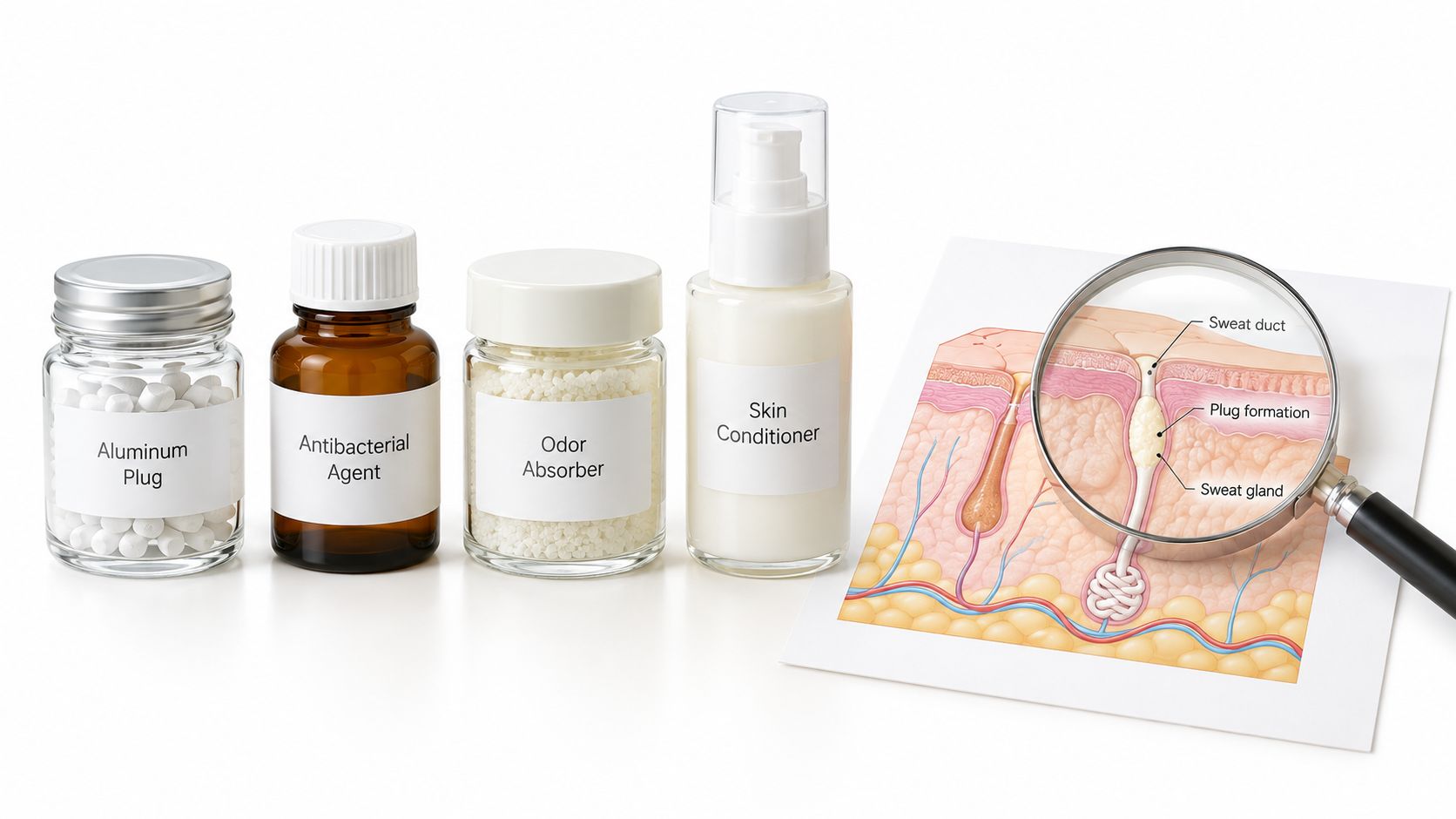 A collection of deodorant ingredients and an anatomical illustration showing sweat gland blockage under a magnifying glass.