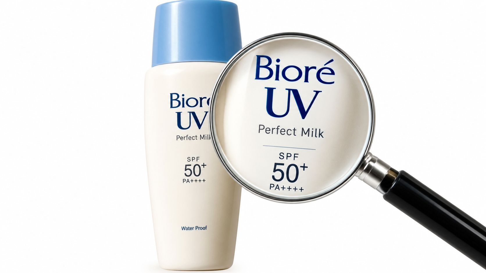 A bottle of Bioré UV Perfect Milk sunscreen with a magnifying glass showing product details close up.