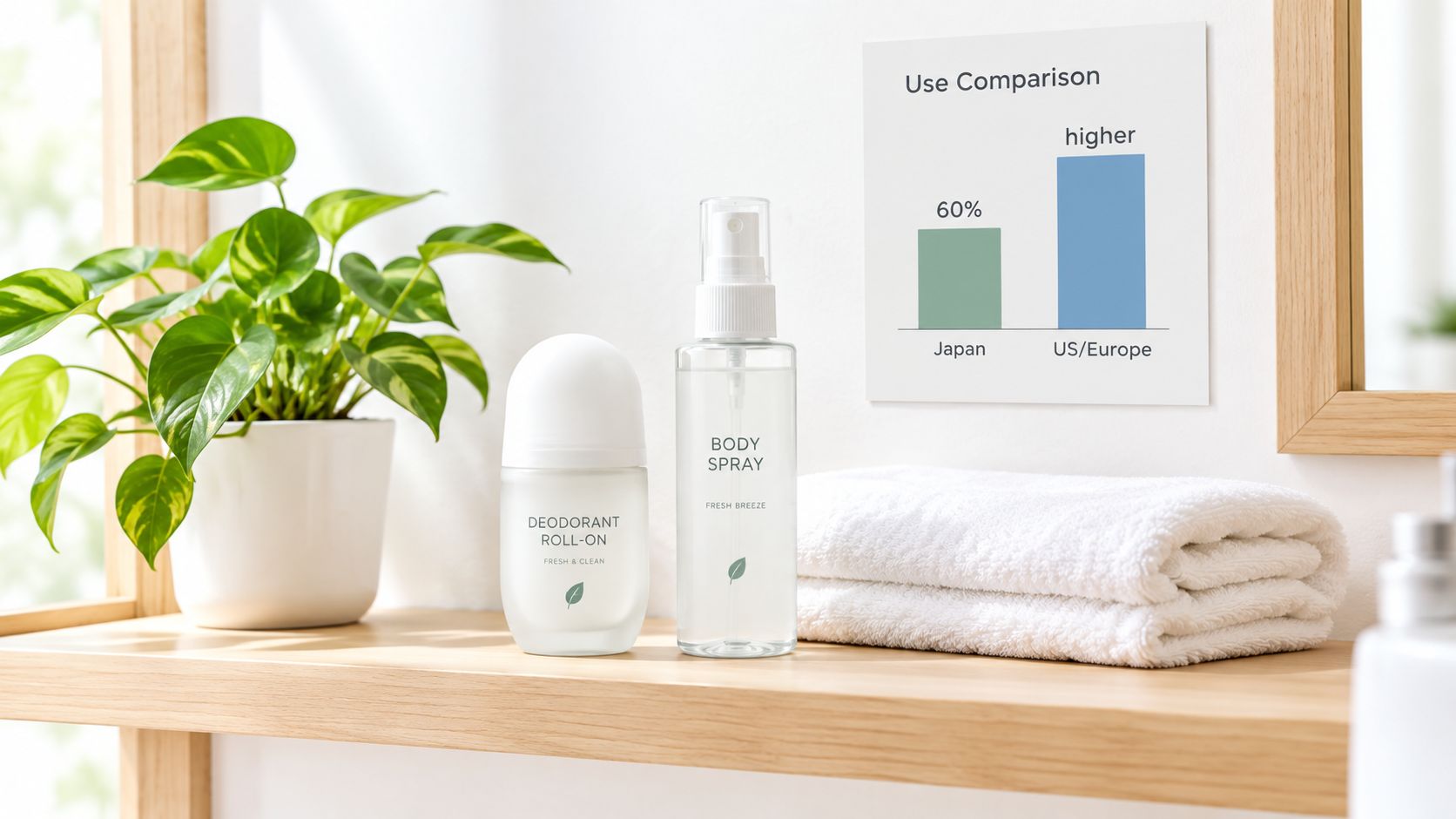 A minimalist setup featuring deodorant roll-on, body spray, and a comparison chart on a bathroom shelf.